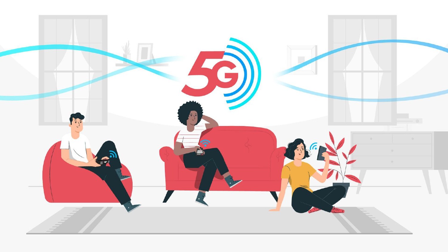 Illustrated storyboard frame: three people relaxing on red sofas in a living room with a 5G symbol and blue signal waves behind them